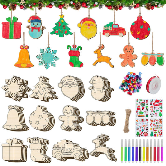 60PCS DIY Christmas Wooden Ornaments Unfinished Wood Slices to Paint, 138pcs Predrilled Wood Circles Kit Craft Making for Christmas Tree Decorations Hanging Decor Xmas Present Tags