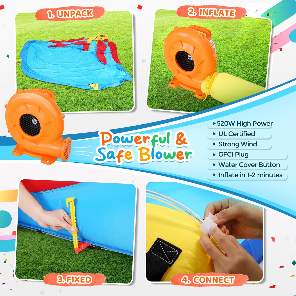Whubefy Inflatable Water Slide for Kids, 14.5 x 13 FT Water Bounce House for Backyard, Inflatable Water Park for Kids, Waterslide PVC & Oxford Bounce House with Slide, 2 Water Gun & 520W Blower Whubefy