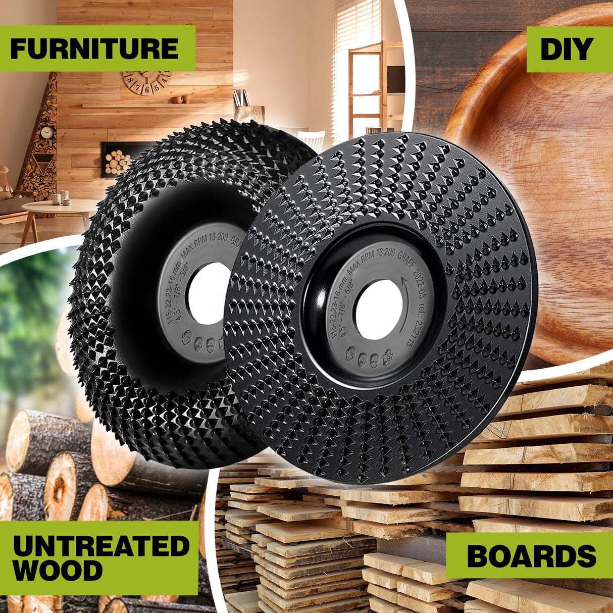 GRAFF Premium Wood Carving Disc 4 1/2 Inch for Angle Grinder - Set Shaping and Grinding Wheel for Wood, Drywall, Chipboard, Plastic - Woodworking GRAFF