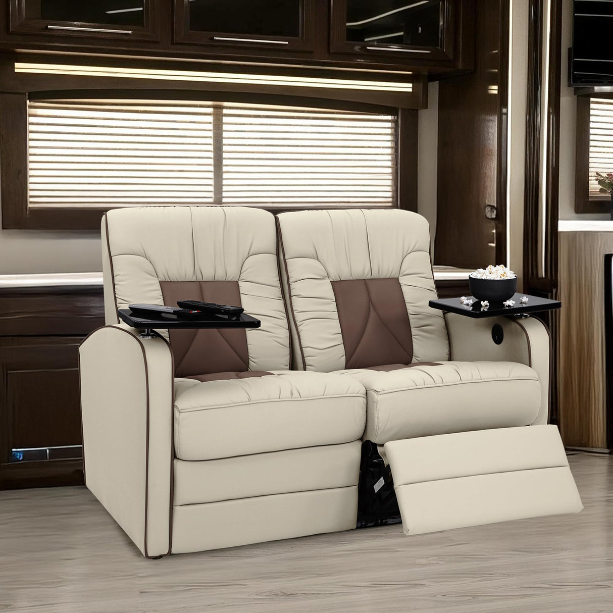 Qualitex De Leon RV Loveseat, Ultimate Leather, Heat and Massage, Power Recline, Bisque and Light Antelope Qualitex