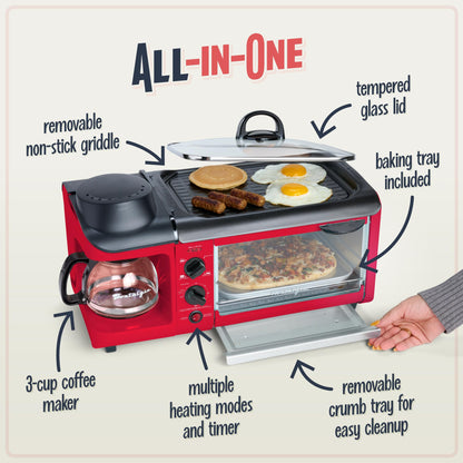 Nostalgia 3-in-1 Breakfast Station - Includes Coffee Maker, Non-Stick Griddle, and 4-Slice Toaster Oven - Versatile Breakfast Maker with Timer - Red