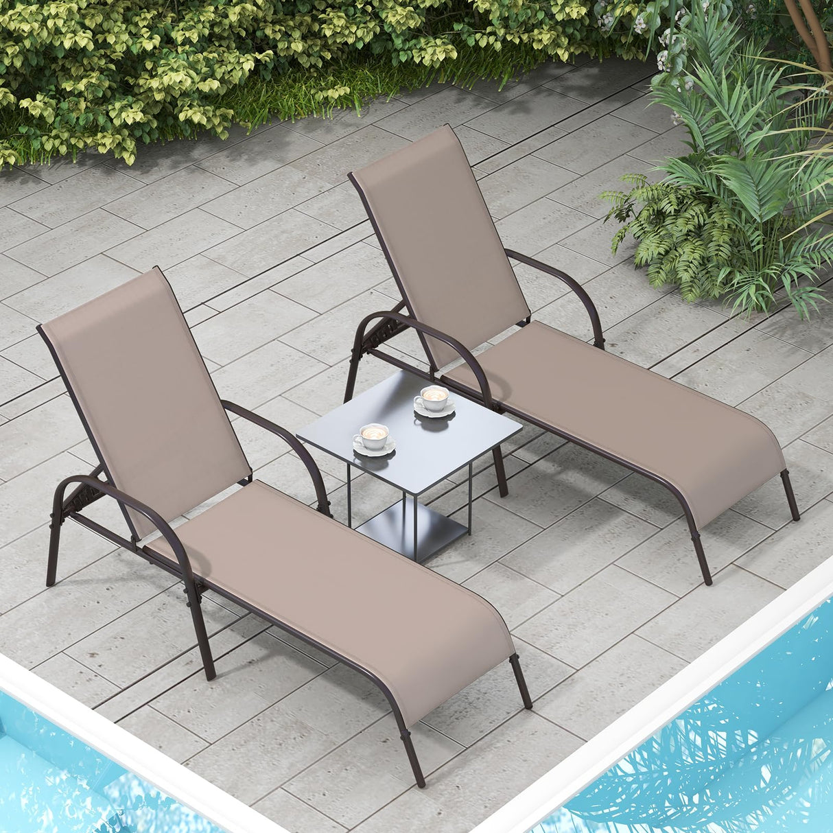 Giantex 2 Pack Patio Lounge Chair, Outdoor Chaise Lounge with 5 Adjustable Backrest, Sturdy Steel Frame, Sunbathing Recliner, Beach Chair, Tanning Chair for Outside, Yard, Balcony, Pool Chairs, Brown Giantex