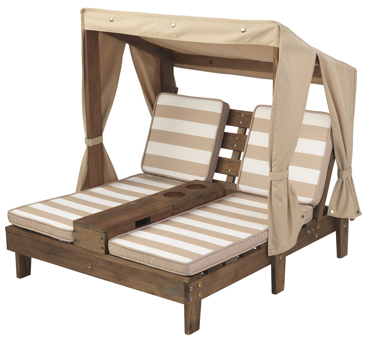 KidKraft Wooden Outdoor Double Chaise Lounge with Cup Holders, Patio Furniture for Kids or Pets, Espresso with Oatmeal and White Striped Fabric KidKraft