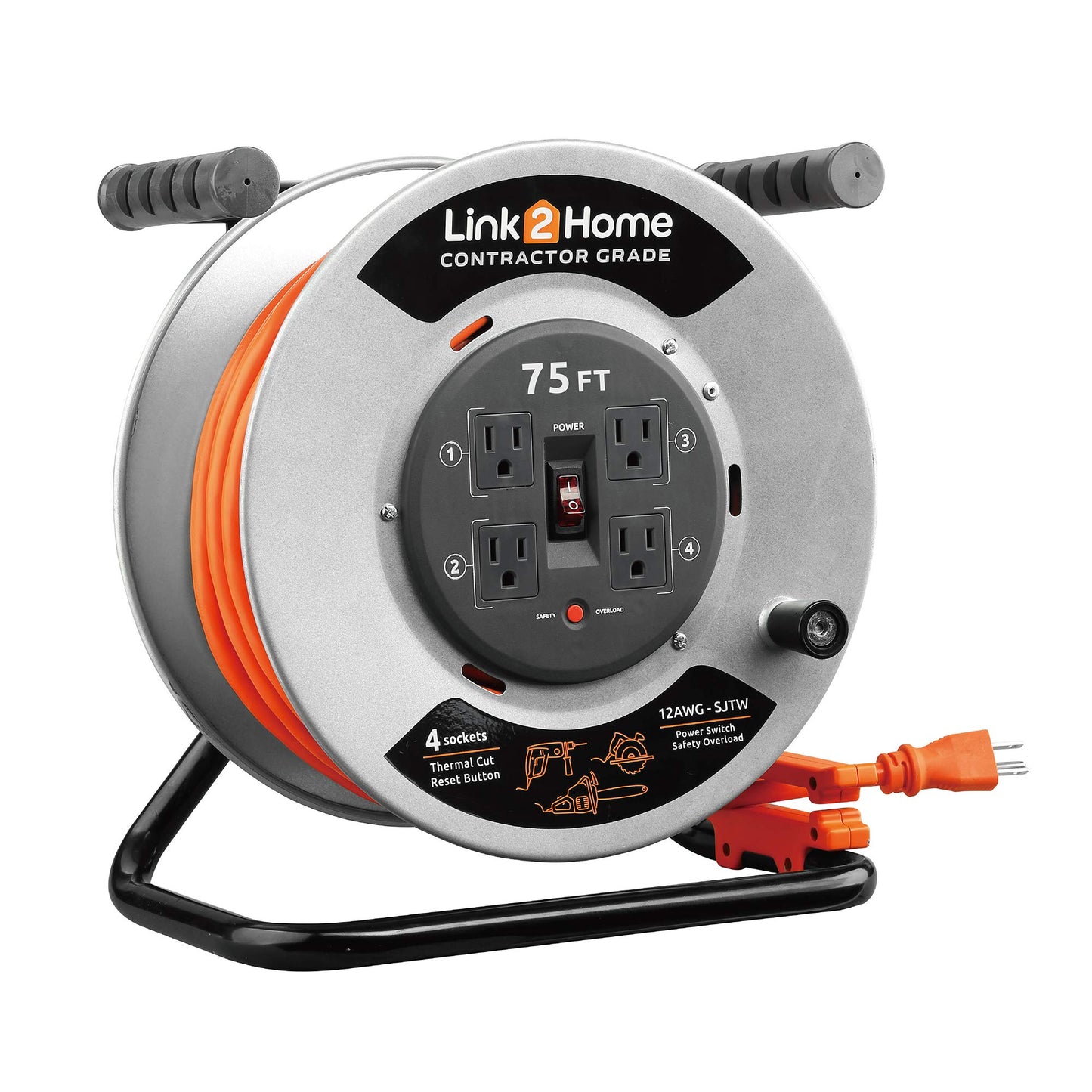 Link2Home Contractor Grade Retractable Extension Cord Reel 75 Ft. With 4 Outlets & Heavy Duty/High Visibility 3-Prong SJTW Cord