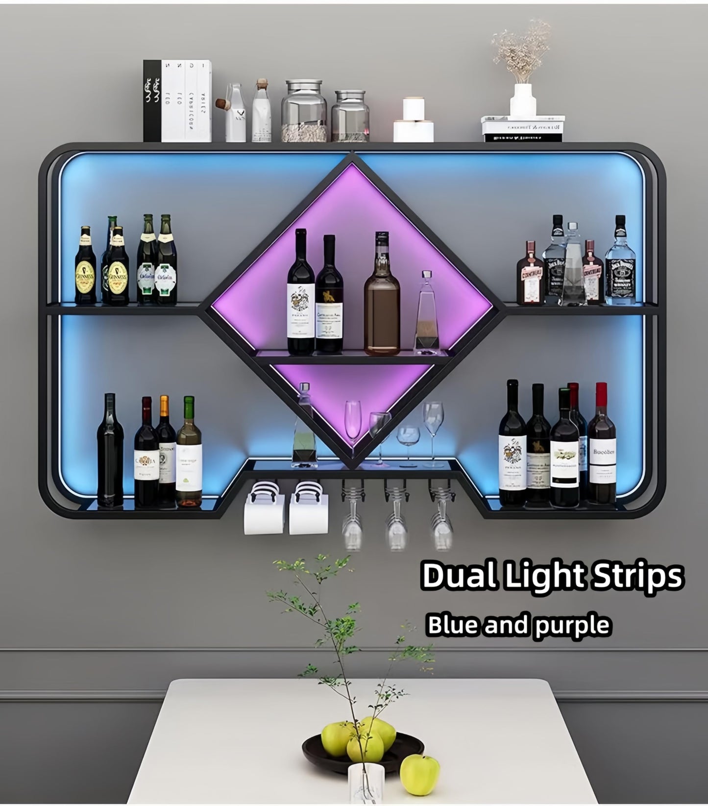 PIKYsailed Metal Wine Rack Wall Mounted with Led Light, Modern Bar Shelves Wall Mounted with Glass Holder, Multi Functional Liquor Shelf Wall Mounted for Home Bar, Kitchen & Dining Room (Blac - WoodArtSupply