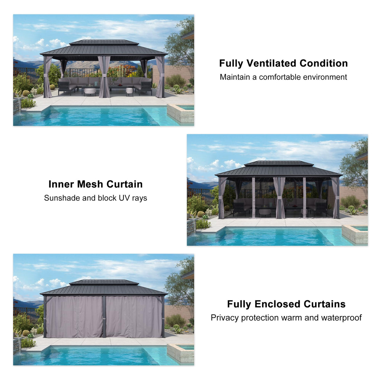 PURPLE LEAF 12' X 20' Patio Hardtop Gazebo Outdoor Pavilion Gazebo with Galvanized Steel Double Roof for Patio Lawn Garden Aluminum Gazebo with Mosquito Nets and Curtains Grey PURPLE LEAF