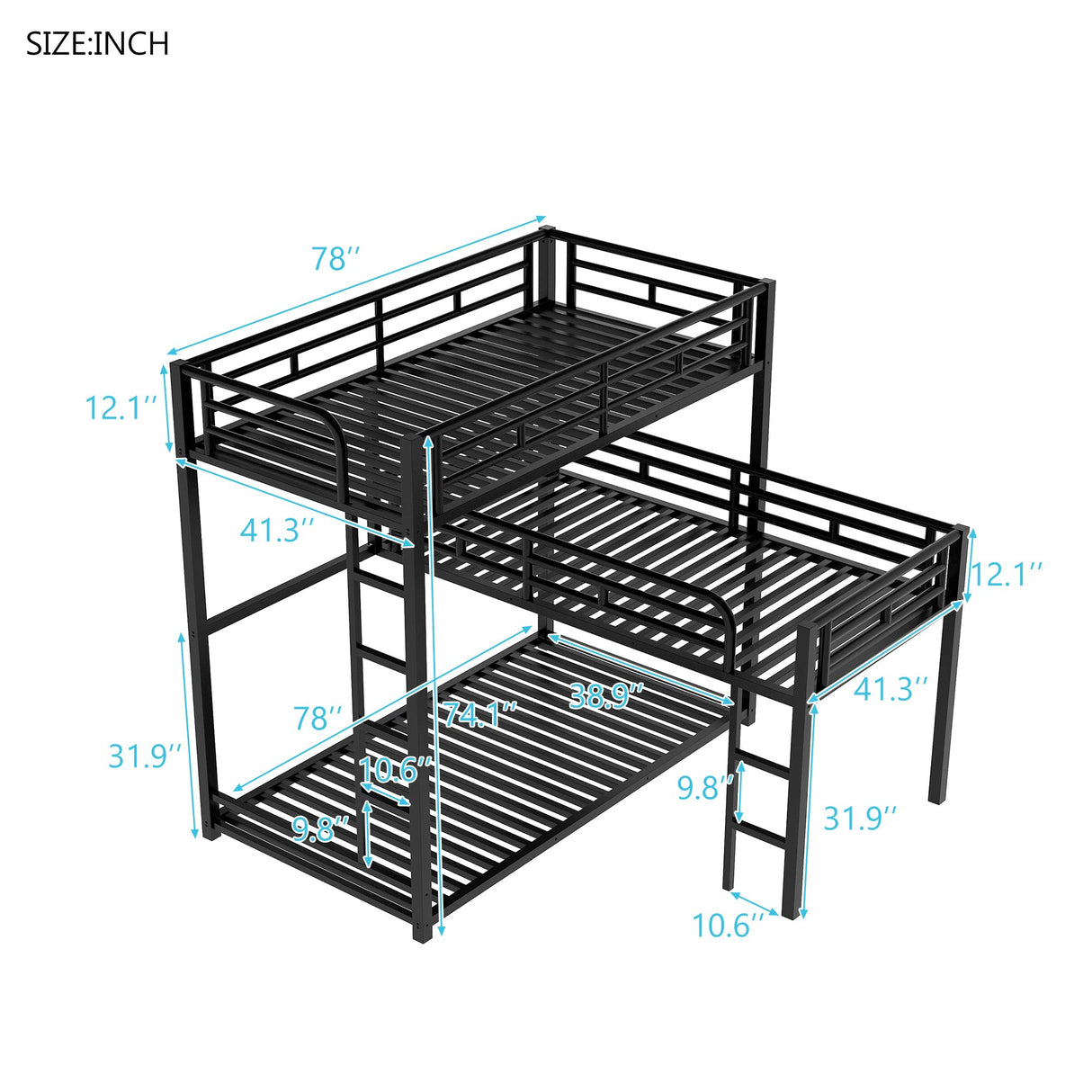 Metal Triple Bunk Bed Twin Size, L-Shaped Metal Triple Bunk Bed Frame, 3 Beds Bunk Bed for Kids Teens Adults - Black Merax