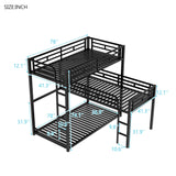 Metal Triple Bunk Bed Twin Size, L-Shaped Metal Triple Bunk Bed Frame, 3 Beds Bunk Bed for Kids Teens Adults - Black Merax