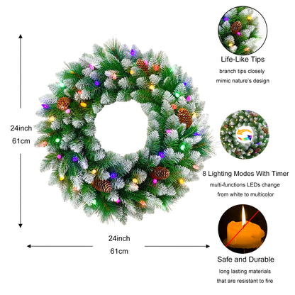 Assilyraft 26 inches Pre-lit Snow-Kissed Artificial Christmas Wreath with Pine Cones, 40 C3 Dual-Color Multi-Functional Battery Operated LED Lights with Timer