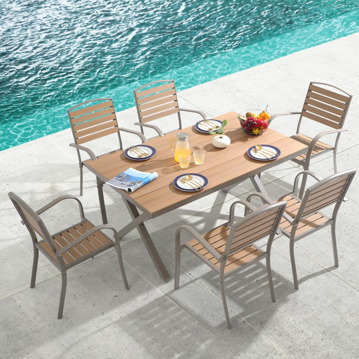 Patiorama 7 Pieces Patio Dining Set, Aluminum Outdoor Dining Set for 6, Patio Furniture Dining Set with Faux Woodgrain Rectangular Table and Stackable Chairs for Lawn Garden Backyard, Teakwood Brown Patiorama