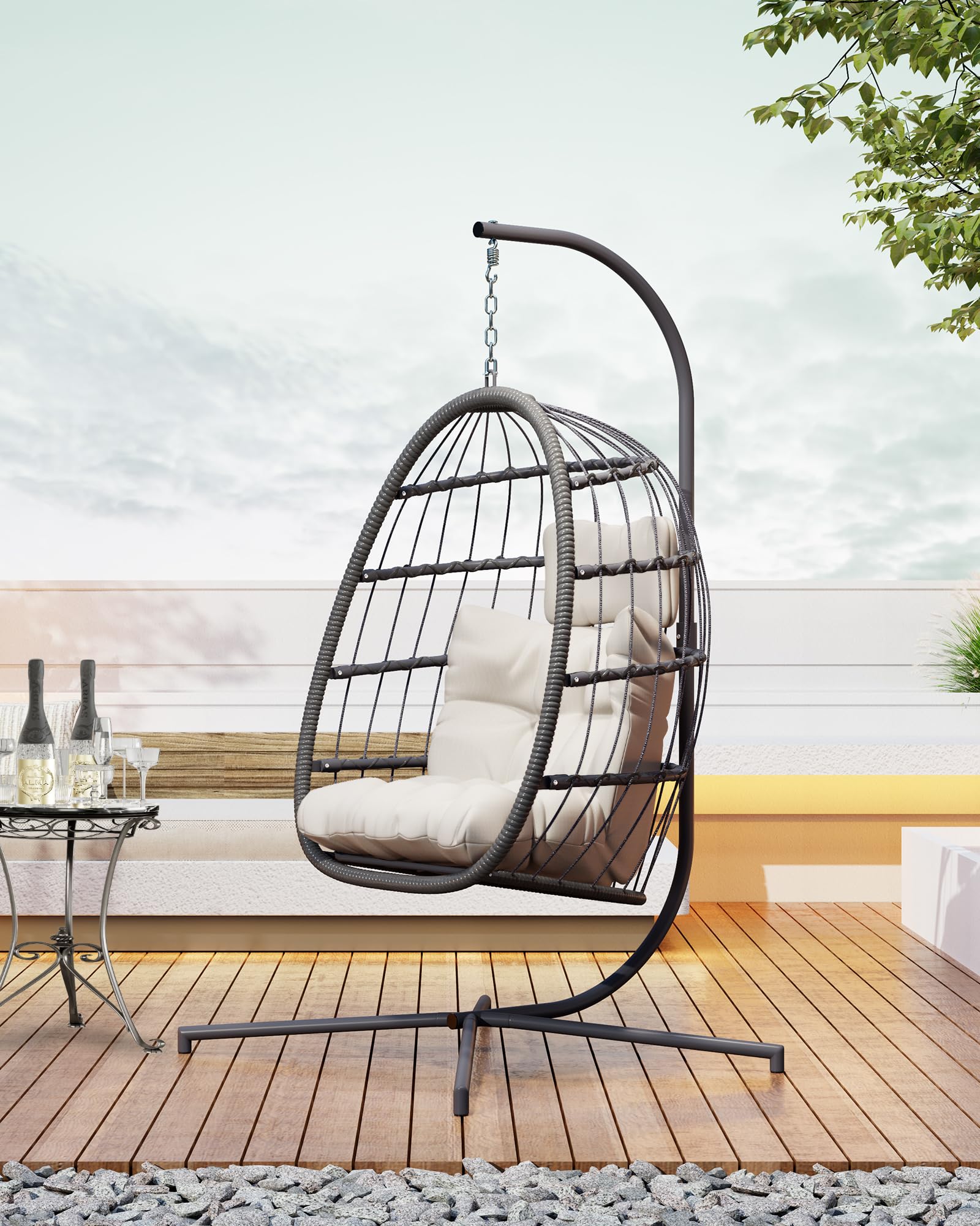 HWB Hanging Egg Chair with Stand, Patio Wicker Egg Swing Chair with Cushion for Bedroom Garden Indoor Outdoor (Beige) - WoodArtSupply