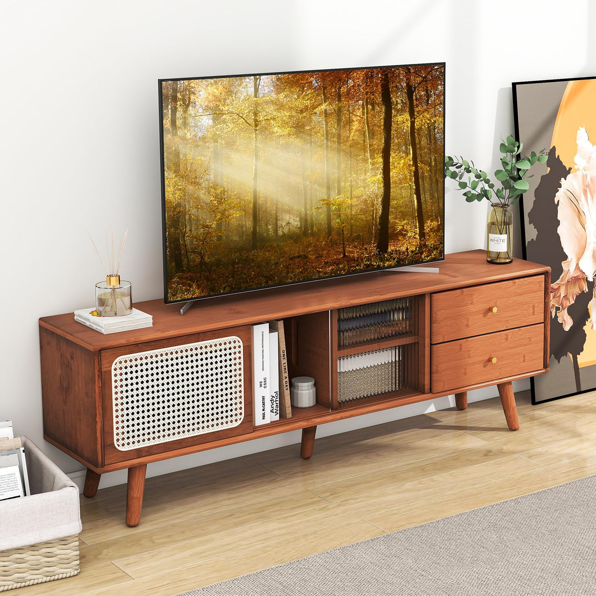 Giantex Bamboo TV Stand for TVs up to 65”, PE Rattan Media Console with Sliding Doors, Drawers & Open Shelves, 5 Solid Wood Legs, 2 Cable Holes, Entertainment Center for Living Room, Bedroom, Walnut Giantex