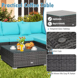 Tangkula 7 Pieces Patio Furniture Set, Patiojoy All-Weather Outdoor Rattan Sectional Sofa Set with Cushions and Tempered Glass Coffee Table, for Garden, Lawn, Backyard (Turquoise) Tangkula