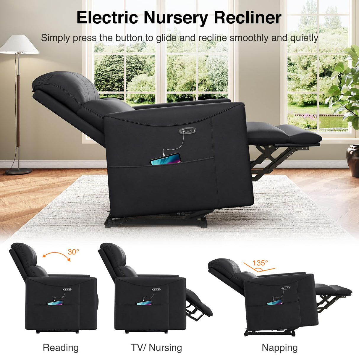 Welzona Adjustable Power Recliner Chair, Comfy PU Leather Electric Recliner Chair, Power Recliners with USB Port, Eco-Certified Small Recliners for Small Spaces Sofa Reclinable, Black Welzona