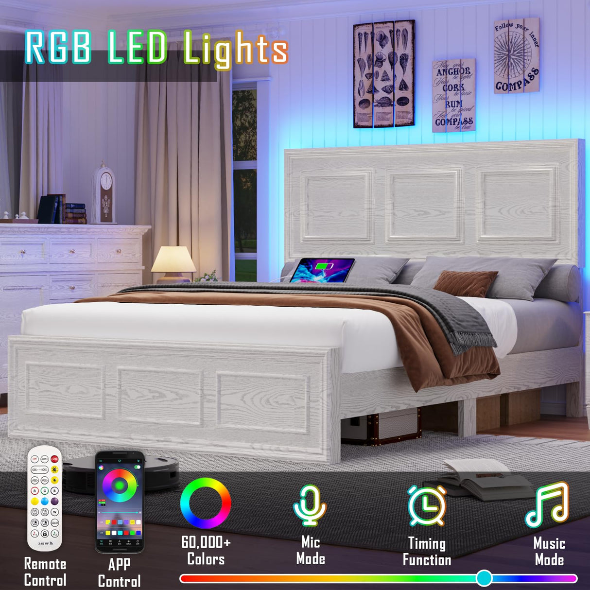 Incyneva Farmhouse Platform Full Bed Frame Wood with Adjustable Headboard, LED Light and Charging Station, No Box Spring Needed, Noise Free, Geometric Design & Antique White Incyneva