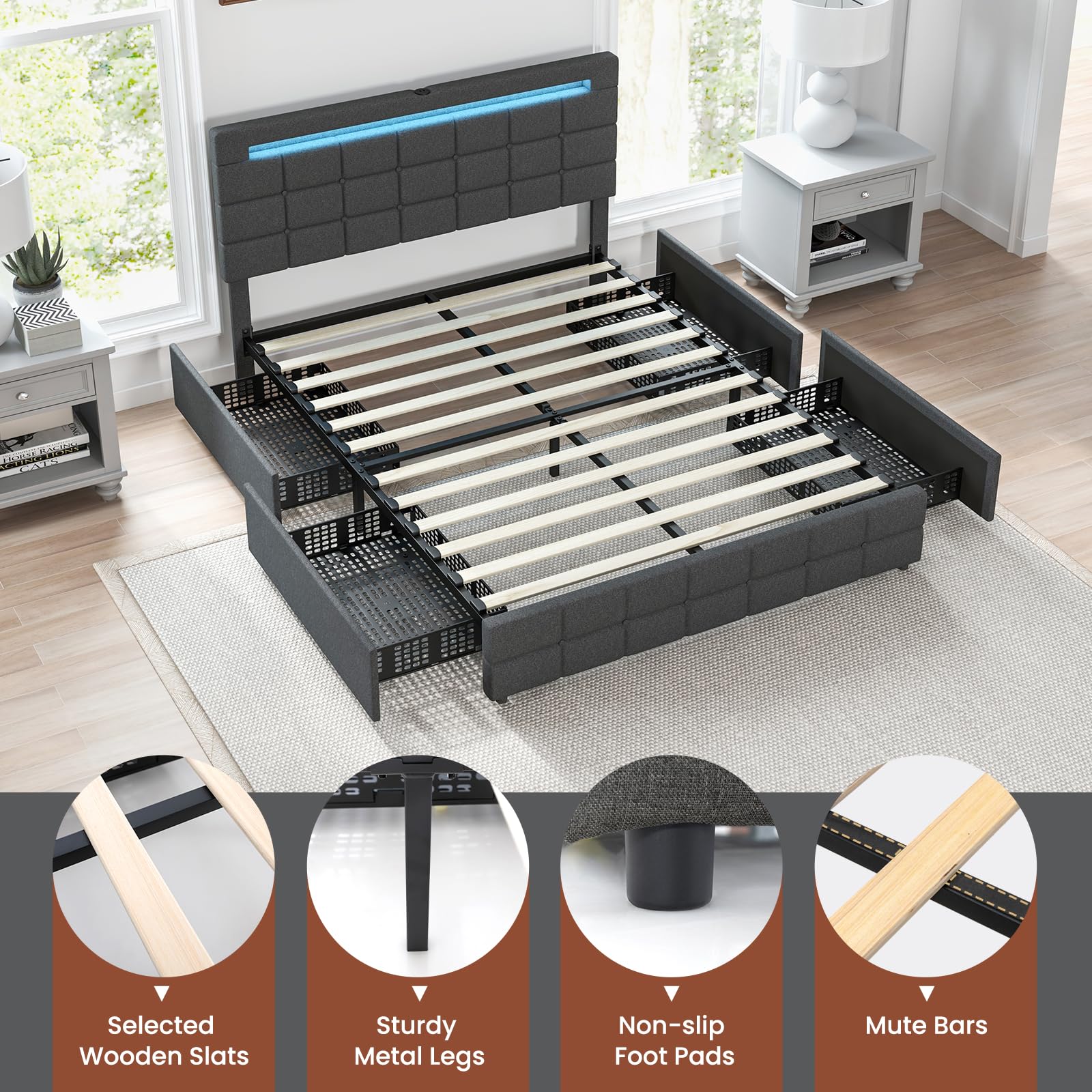 Giantex Grey Upholstered Full Bed Frame with LED Lights, USB Ports and 4 Storage Drawers - WoodArtSupply