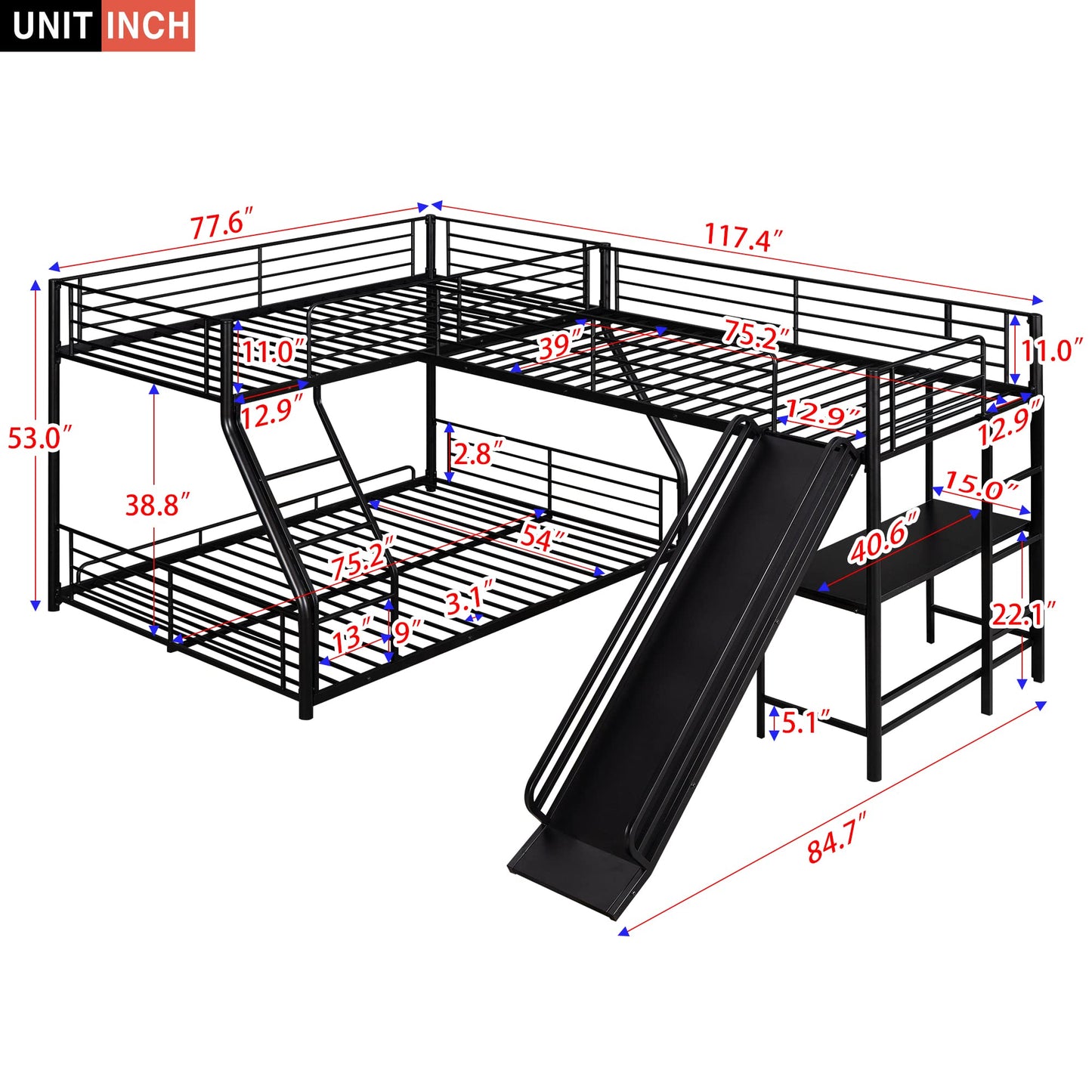 Harper & Bright Designs L-Shaped Triple Bunk Bed, Twin Over Full Bunk Bed with Twin Size Loft Bed for 3, Built-in Desk and Slide, 3 Bed Bunk Beds, Black