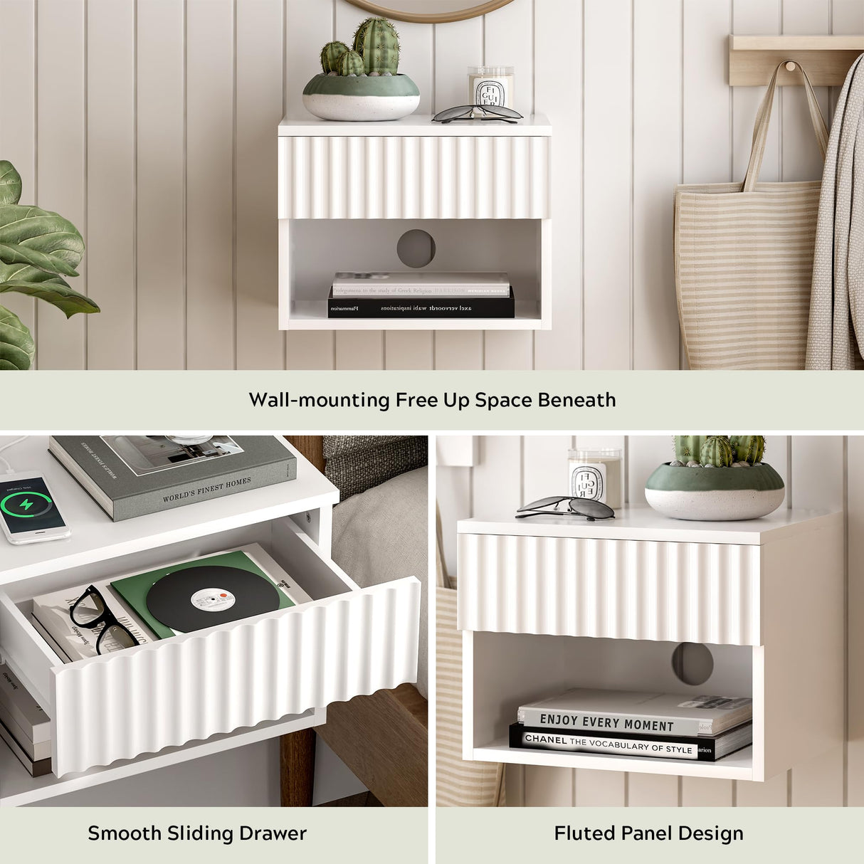 EYYTHUNG Fluted Wall Nightstand Set of 2 with Drawer, Modern Floating Night Stand with Fluted Door and Open Storage Shelf Wall Mounted Bedside Table for Bedroom Bathroom Entryway, White EYYTHUNG