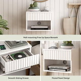 EYYTHUNG Fluted Wall Nightstand Set of 2 with Drawer, Modern Floating Night Stand with Fluted Door and Open Storage Shelf Wall Mounted Bedside Table for Bedroom Bathroom Entryway, White EYYTHUNG
