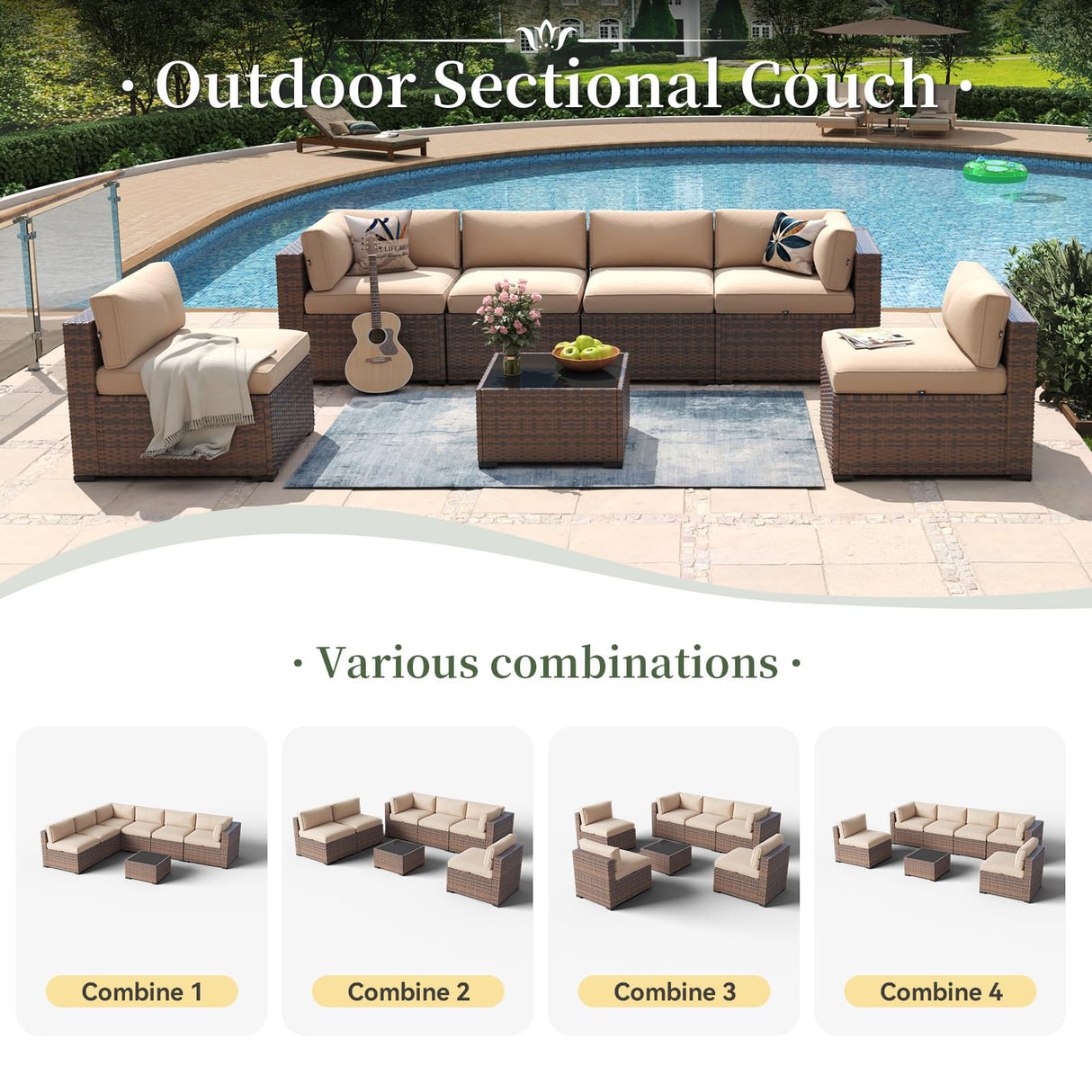 Aoxun 7 Piece Patio Furniture Set Wicker Rattan Patio Conversation Set Outdoor Sectional Sofa Set with Coffee Table and Thickened Cushions, Beige (Waterproof Cover Included) Aoxun