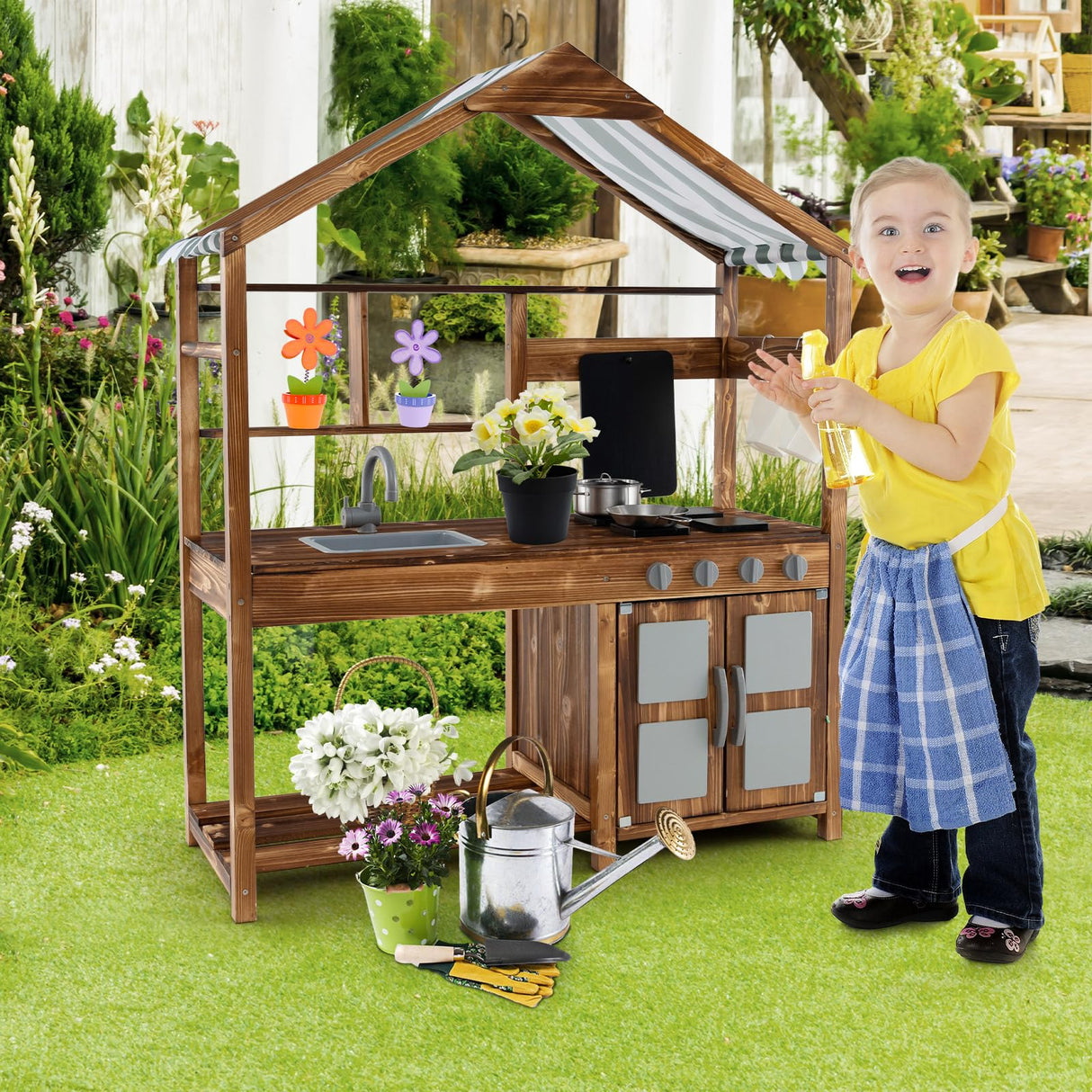 Costzon Mud Kitchen, Outdoor Play Kitchen with Canopy, Chalkboard, Stoves, Removable Sink, Cooking Accessories and Storage, Wooden Kids Kitchen Playset, Mud Kitchen for Kids Outdoor Costzon