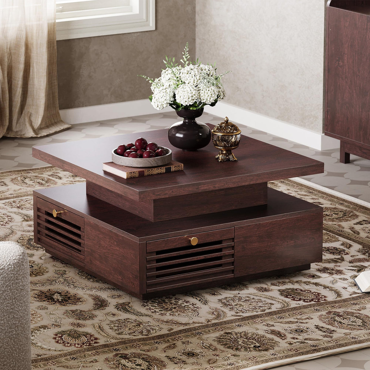 IRONCK Coffee Table with LED Light and Charging Station, 4 Storage Drawers with Grille Design, Square Coffee Table for Living Room Office Reception Room (Walnut) IRONCK