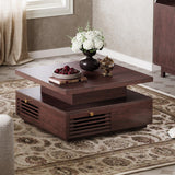 IRONCK Coffee Table with LED Light and Charging Station, 4 Storage Drawers with Grille Design, Square Coffee Table for Living Room Office Reception Room (Walnut) IRONCK