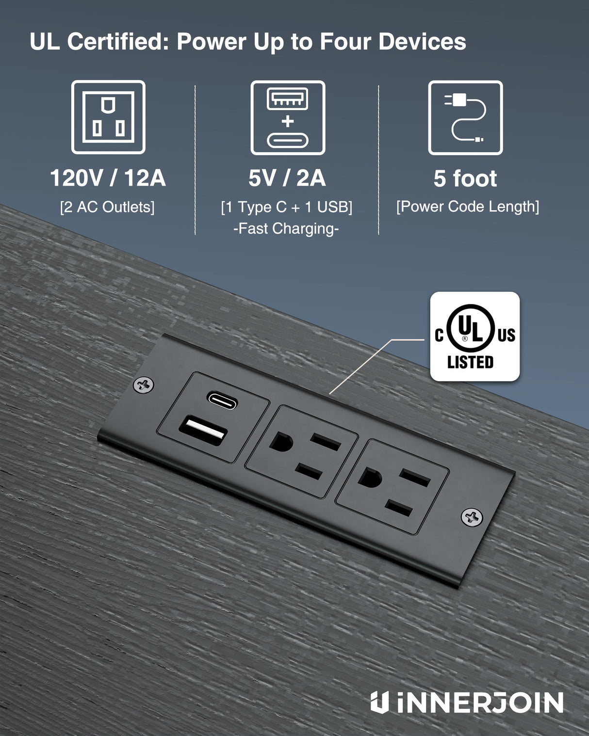 Innerjoin Side Table with Storage, LED Night Stand with A&C Charging Station, End Tables Living Room, Nightstand for Bedroom with Fabric Drawer, Black Innerjoin