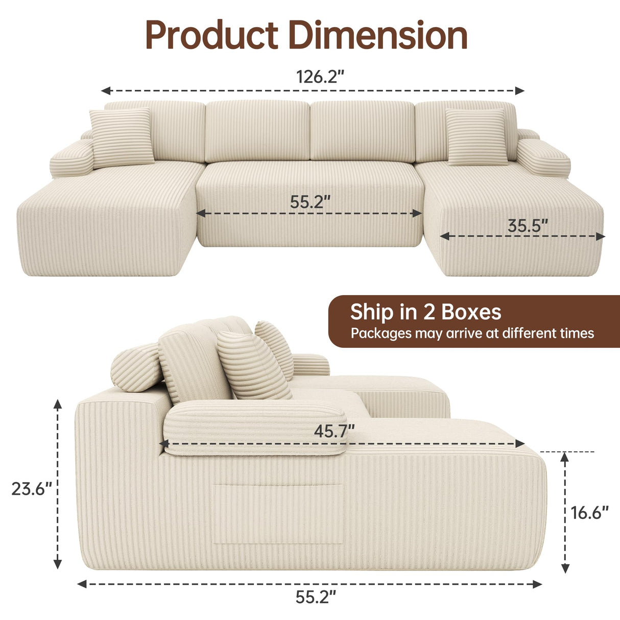 DURASPACE Cloud Sectional Couches, 126.2'' Modular U-Shaped Sofa with Deep Seat, Corduroy Boneless Sleeper Sofa Bed with Memory Foam for Living Room, No Assembly Required (Beige) DURASPACE