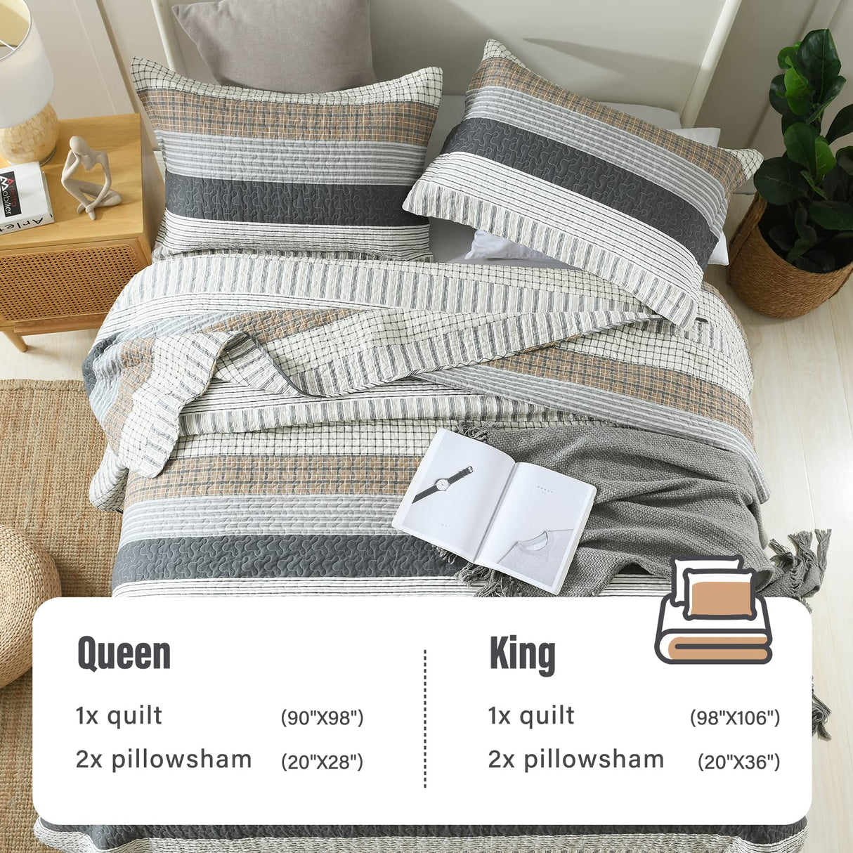 Y-PLWOMEN Quilts Queen Size 100% Cotton Queen Quilt, 3 Piece Striped Quilt Sets, Farmhouse Bedspread Lightweight Comforter Cozy Bedding Set for All Season Y-PLWOMEN