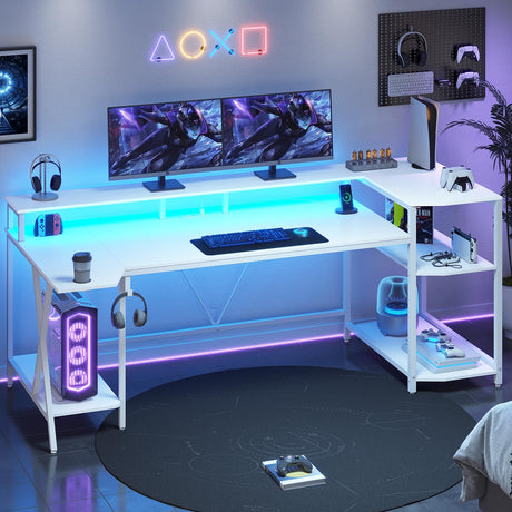 SEDETA White Gaming Desk 70.8'' with LED Lights and Storage Shelves, Computer Desk with Monitor Stand, Power Outlets and Cup Holder, Large PC Gamer Desk, Gaming Table for Bedroom, Living Room SEDETA