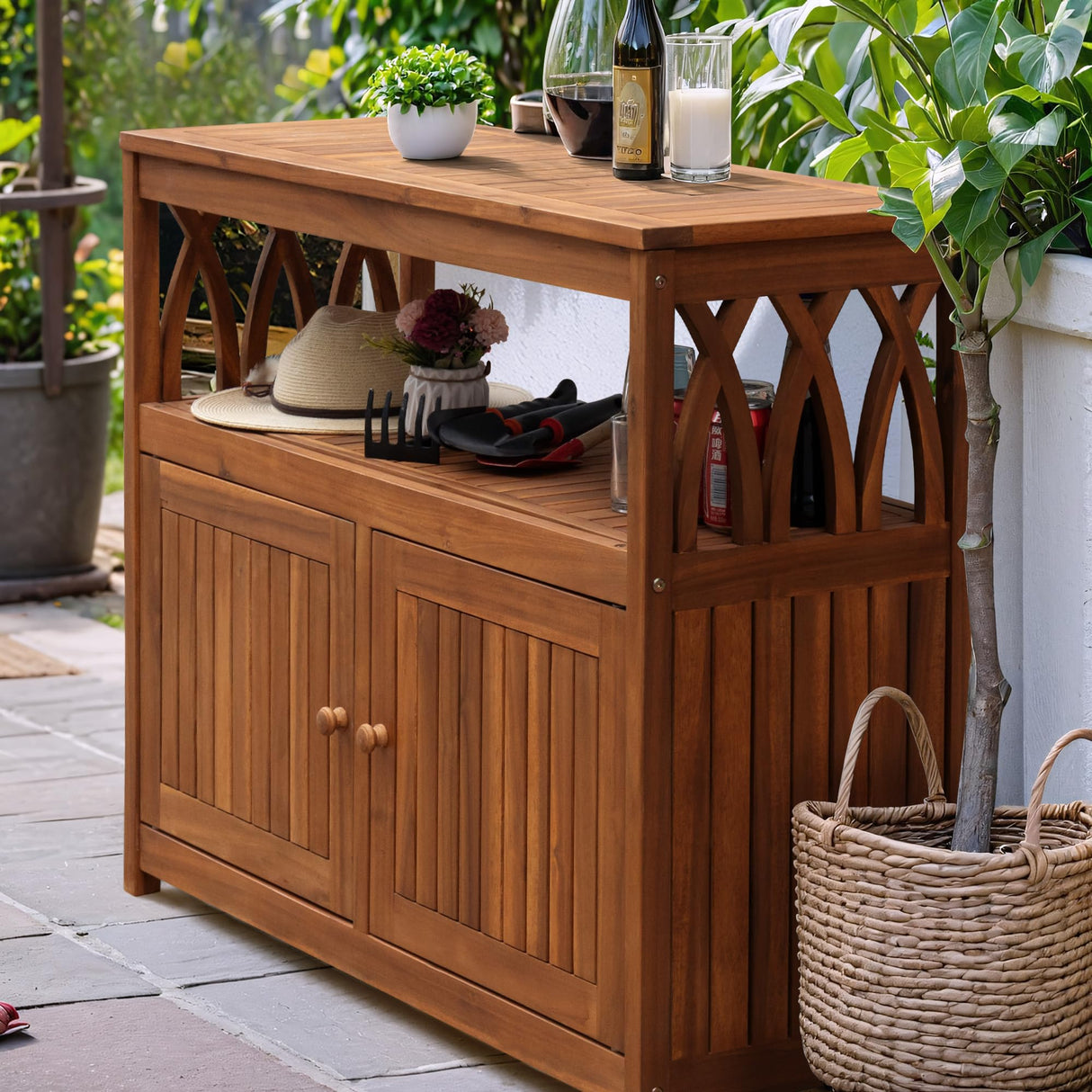 Flamaker Outdoor Storage Cabinet Weatherproof Acacia Wood Outdoor Cabinet with 2 Magnetic Doors Used for Outdoor Storage, Buffet Cabinet, TV Stand, Bar Table, Potting Table (Brown) Flamaker