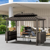 Domi 6x10FT Hardtop Grill Gazebo, BBQ Gazebo with Double Galvanized Steel Roof, 2 Storage Cabinets and Ceiling Hooks, Outdoor Grill Shelter for Backyard, Lawn and Garden(Brown) domi outdoor living