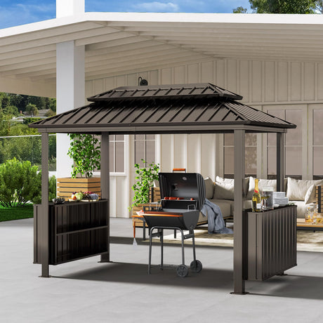 Domi 6x10FT Hardtop Grill Gazebo, BBQ Gazebo with Double Galvanized Steel Roof, 2 Storage Cabinets and Ceiling Hooks, Outdoor Grill Shelter for Backyard, Lawn and Garden(Brown) domi outdoor living