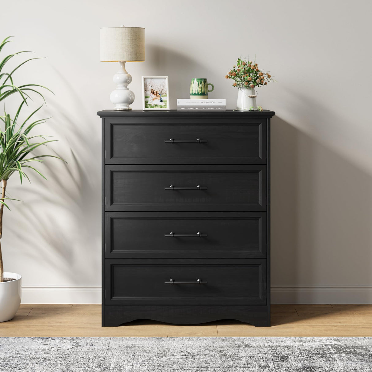 Black Dresser for Bedroom, Farmhouse 36" Tall 4 Drawer Chest with Sleek Brushed Metal Handles, Modern Wood Storage Cabinet with Unique Base Design, Closet Organizer for Bedroom, Living Room, Hallway YANSNWO