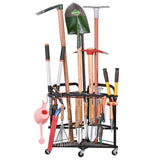 PLKOW Garden Tool Organizer with Wheels and Storage Hooks, Rolling Corner Tool Storage Rack for Garden, Shed, Garage, Powder Coated Steel, Black PLKOW