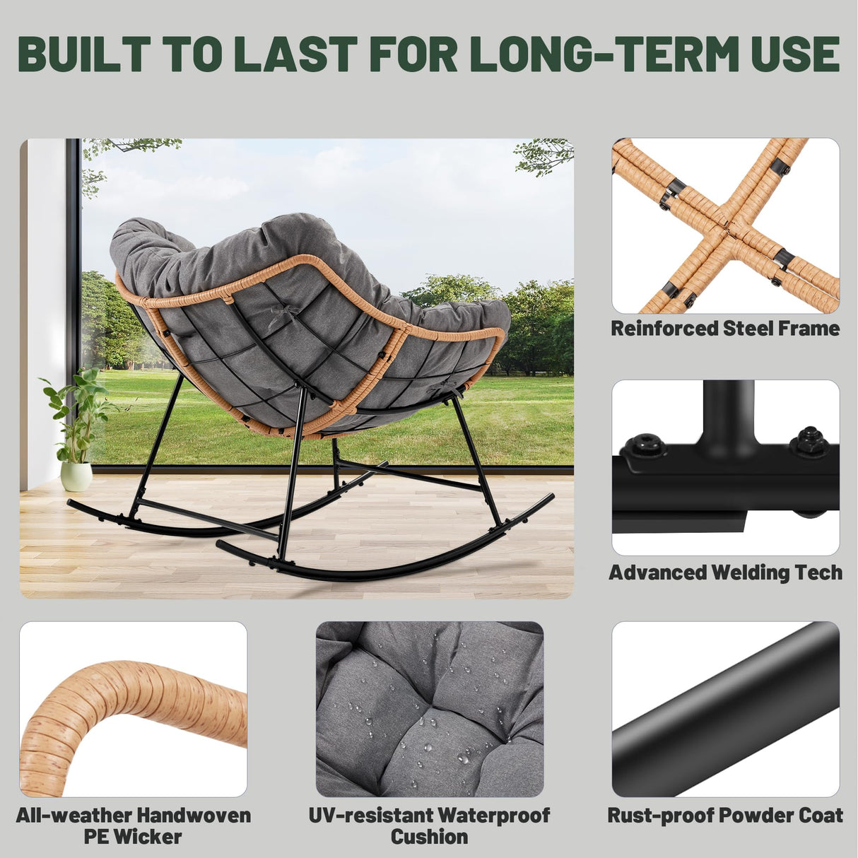 Halituny Outdoor Rocking Chair with Thick Cushion, Comfy Rattan Rocker Egg Chair Indoor with Straps, Patio Rocking Chair 450lbs for Garden, Balcony, Lawn, Backyard, Living Room, Bedroom, Dark Gray Halituny