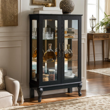 Lighted Curio Cabinet, 44" H Glass Display Case with Adjustable Glass Shelves, Vintage China Cabinet with Mirrored Back Panel & 3-Tier Shelves, Blub Included, Rack for Living Room (Black) CKEASEAN