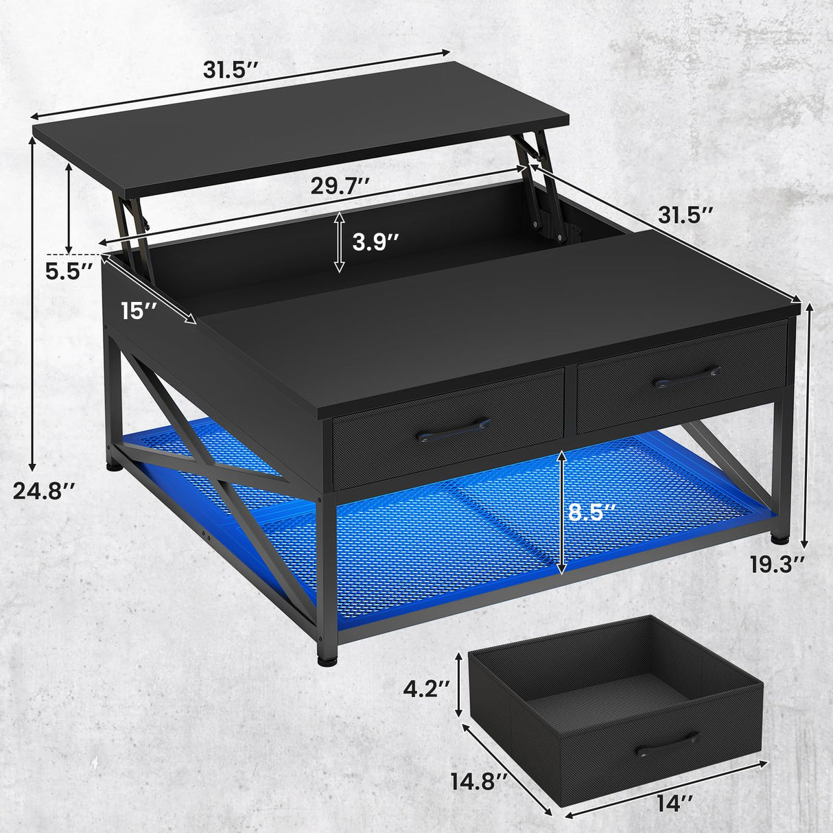 Itaar 31.5" Lift Top Coffee Table with Storage, Square Coffee Tables for Living Room, Coffee Table with 2 Fabric Drawers & Large Storage Shelvs, Black Itaar
