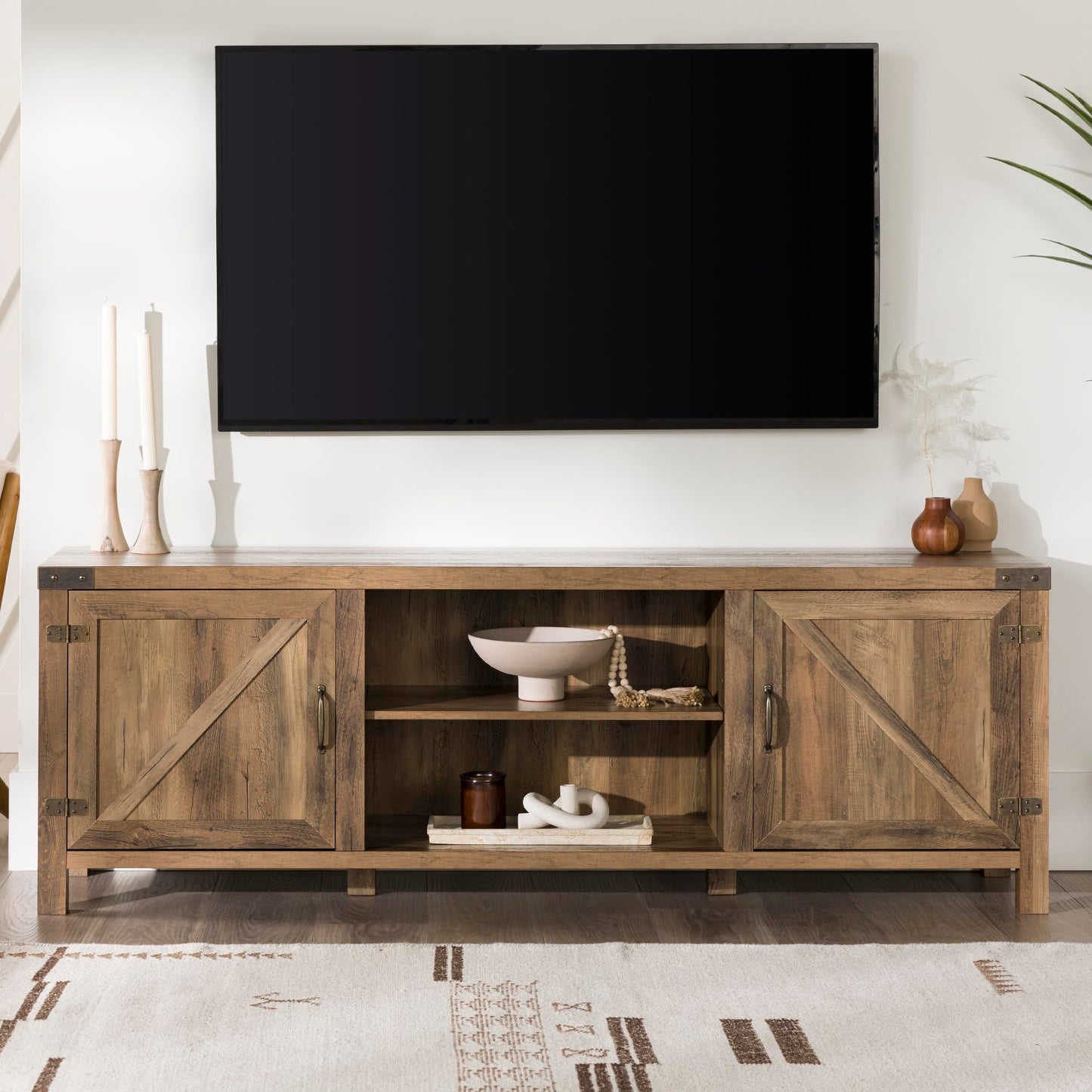 Walker Edison Georgetown Modern Farmhouse Double Barn Door TV Stand for TVs up to 80 Inches, 70 Inch, Rustic Oak, Without Fireplace, 15.75 x 70 x 24 inches