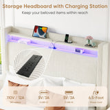 Queen Bed Frame with Tall Headboard, 55.3" Upholstered Platform Queen Size Bed Frame, Elegant Corduroy Wingback Bed with LED Lights & Charging Station, No Box Spring Needed, Solid Wood Slats, Cream Welzona