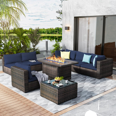 GREZJXC 8 Pieces Outdoor Sectional Patio Furniture Set with Fire Pit Table,PE Rattan Wicker Patio Sectional Conversation Set with Cushions and Glass Coffee Table Blue