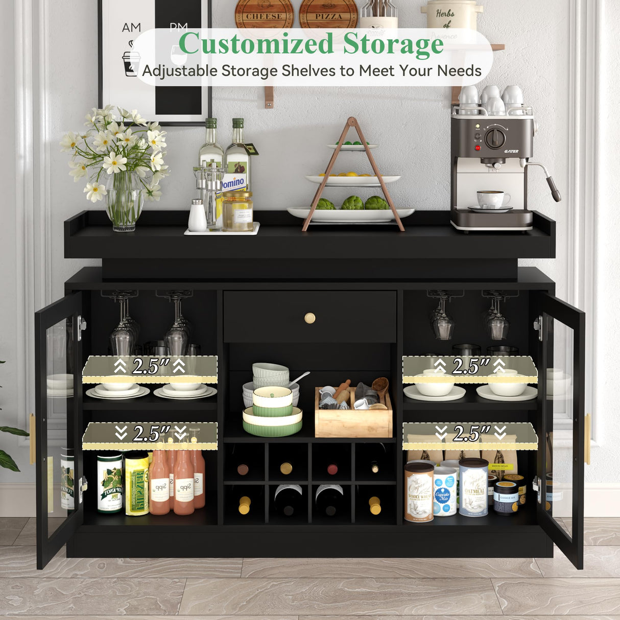 Wine Bar Cabinet with LED Light, Home Coffee Bar Cabinet with Wine and Glass Rack, Modern Sideboard Buffet w/ Storage Drawer & Shelves, Freestanding Liquor Cabinets for Living Room,Dining Room (Black) Auromie