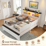 EnHomee Full Size Bed Frame with Headboard, Full Bed Frame with 4 Drawers Charging Port & LED, Farmhouse Bed Full Built in Charging Station,No Box Spring Needed,NO Noise,White with Grain Marks EnHomee