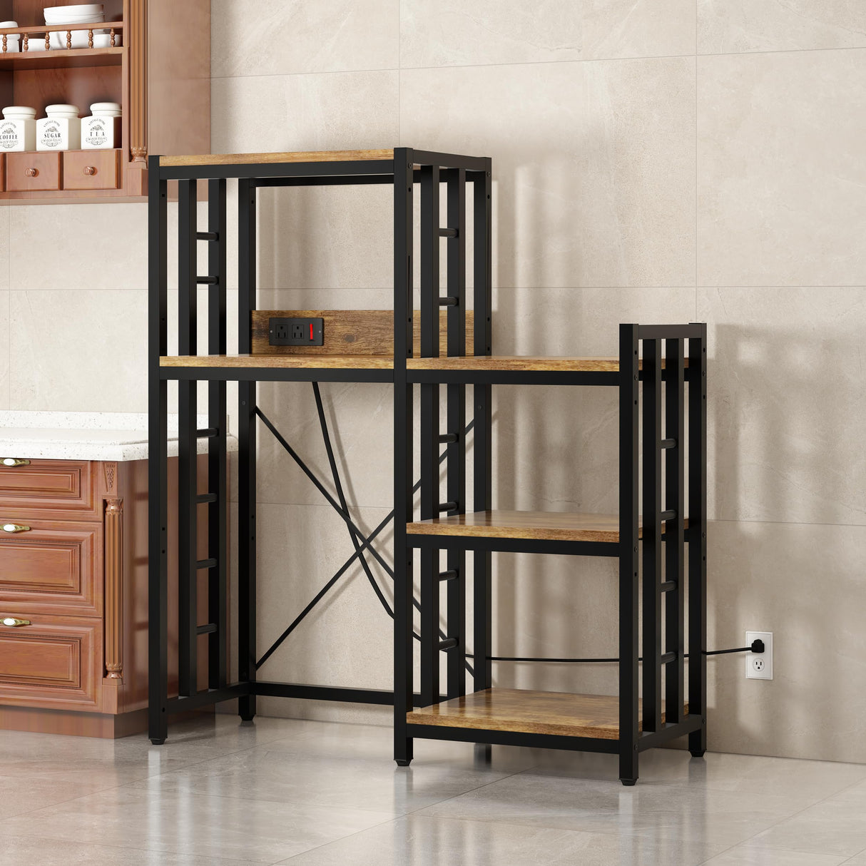 6-Tier Kitchen Baker's Rack with Power Outlet, Microwave Oven Stand with Storage Suitable for Kitchen Living Room Office Storage Shelf, Mini Fridge Stand Shelves for Spices, Pots and Pans. (Brown) Mini Quexing