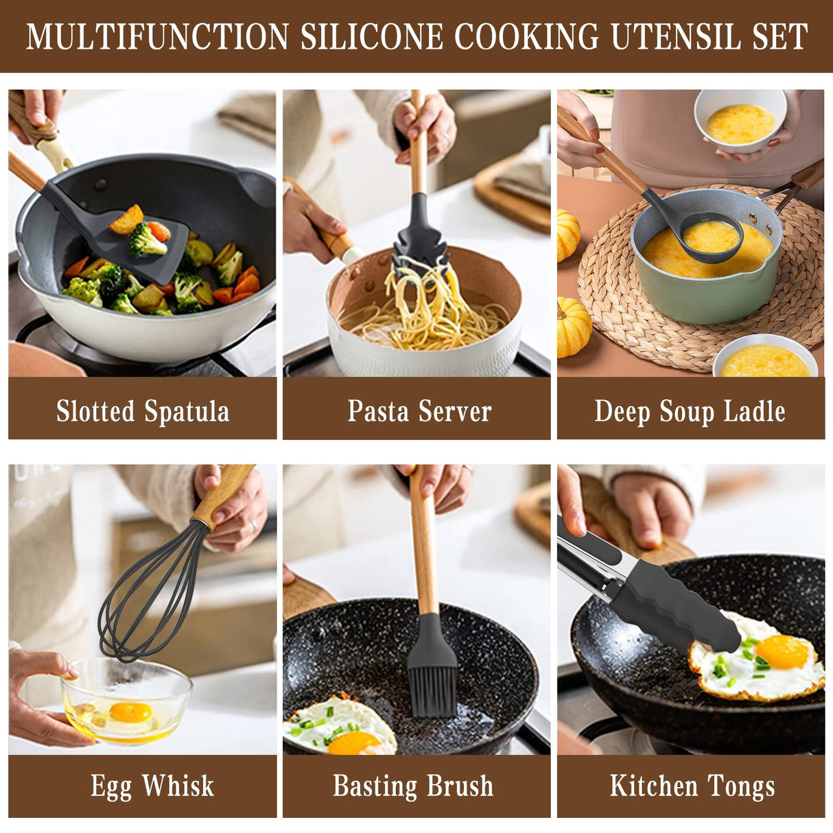 Umite Chef Kitchen Cooking Utensils Set, 33 pcs Non-stick Silicone Utensils Spatula Set with Holder, Wooden Handle Heat Resistant Silicone Kitchen Gadgets Utensil Set (Gray) Umite Chef