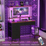 Computer Desk with Hutch, Gaming Desk with Power Outlets & LED Ligthts & 5 Fabric Drawers, Home Office Desk with 2 Tiers Storage Shelves for Display, 39" PC Gamer Table for Bedroom, Rustic Brown Korfile