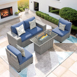 VONZOY 5 Piece Patio Furniture Set with Fire Pit Table, Outdoor Conversation Sets Grey Wicker Rattan Sectional Sofa, 4'' Thickened Cushion Navy Blue (Include Waterproof Cover) VONZOY