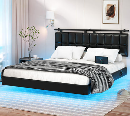 DYHOME Floating Queen Bed Frame with USB Charging Station & LED Lights - WoodArtSupply