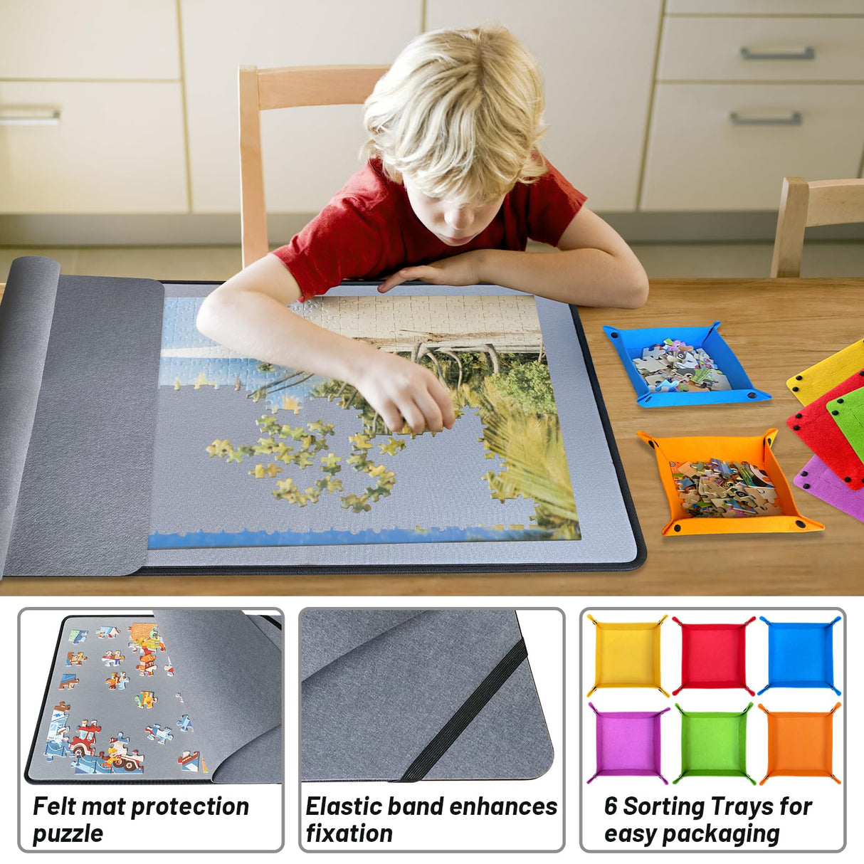 Folding Puzzle Board with 6 Sorting Trays and Felt Mat,for Storage and Saver, Non-Slip Surface,for Puzzle Board 1000 Pieces QCFDLCX